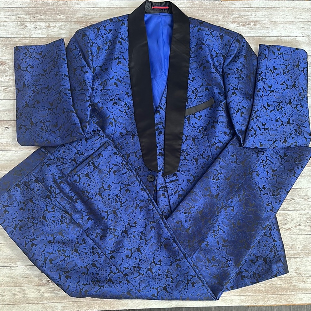 Blue Tuxedo with Black Lapel and Floral Pattern
